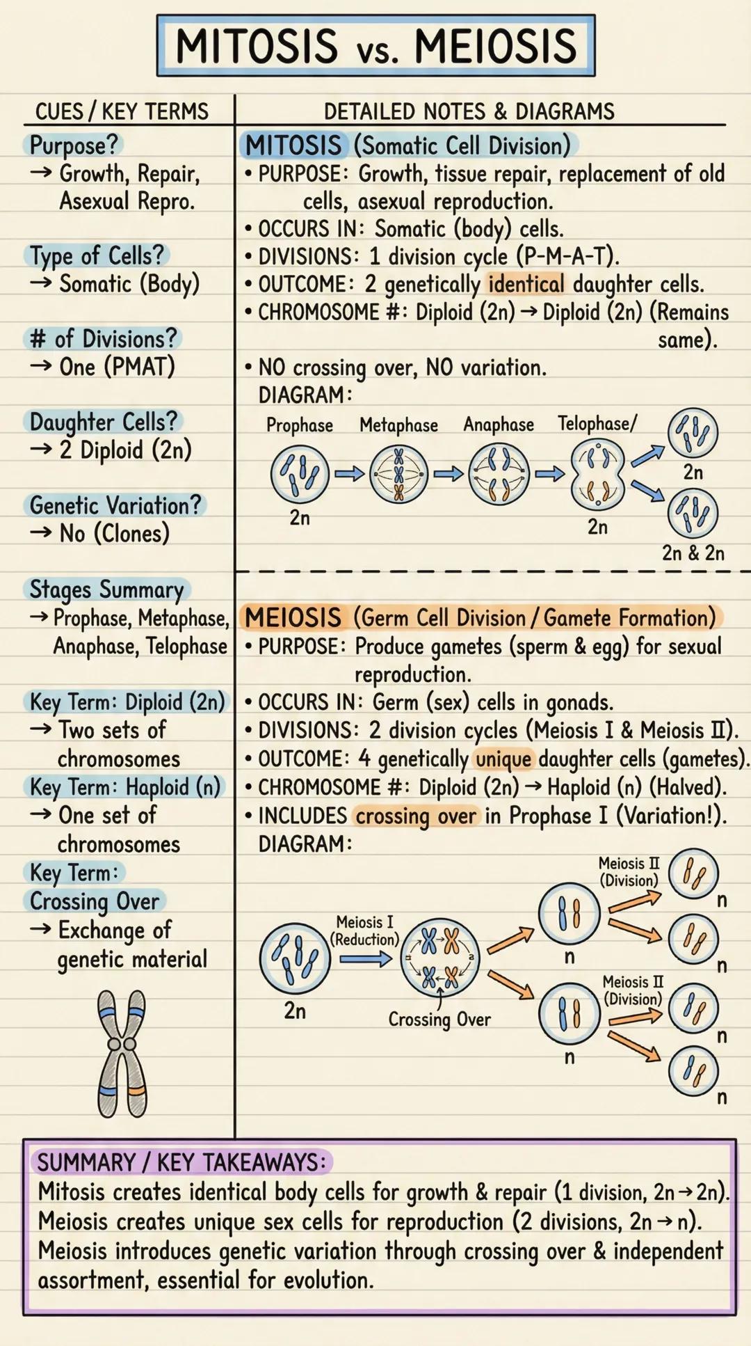 # MITOSIS vs. MEIOSIS
CUES/KEY TERMS
Purpose?
→ Growth, Repair,
Asexual Repro.
Type of Cells?
→ Somatic (Body)
# of Divisions?
→ One (PMA