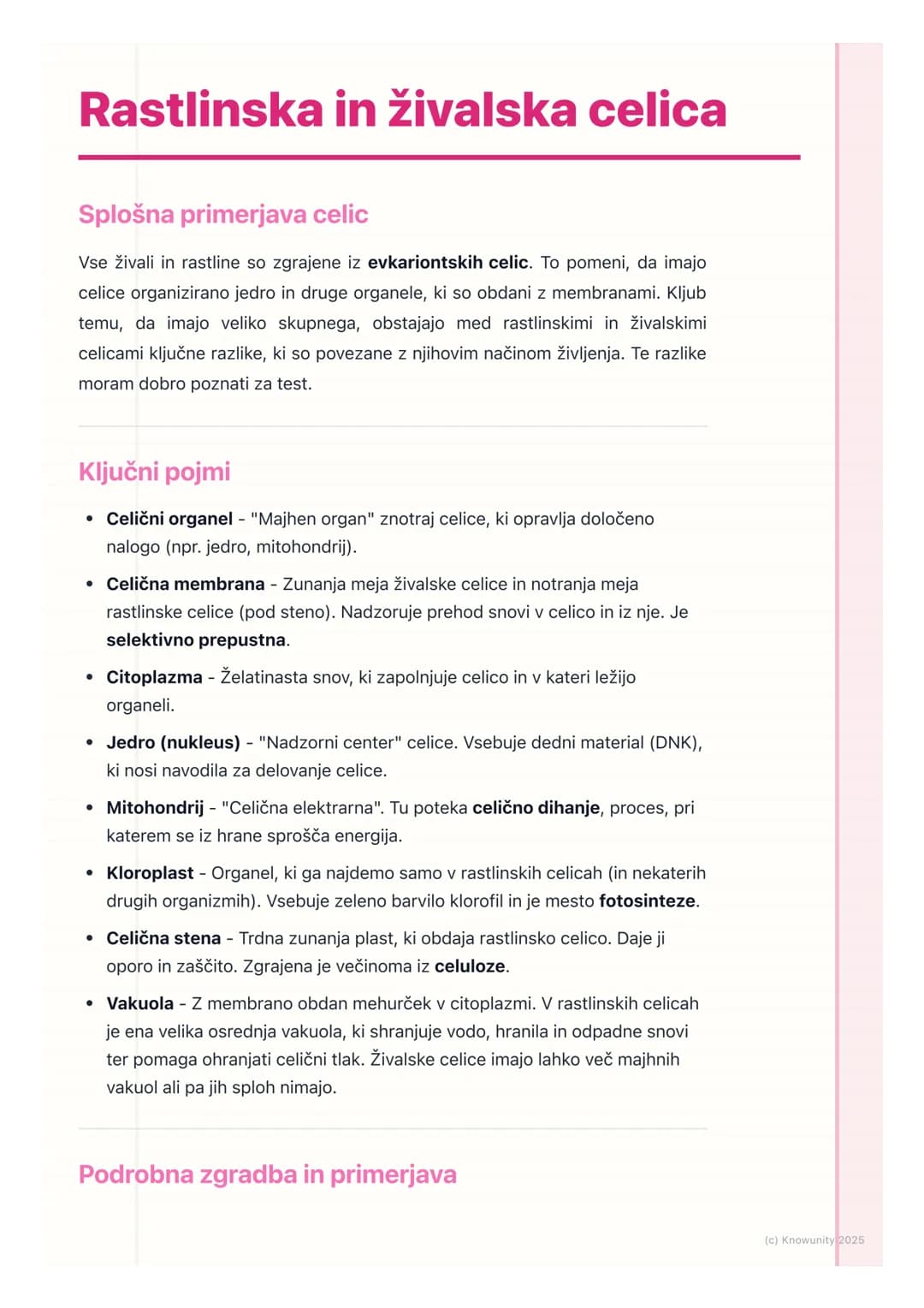 # Rastlinska in živalska celica
Splošna primerjava celic
Vse živali in rastline so zgrajene iz evkariontskih celic. To pomeni, da imajo
ce