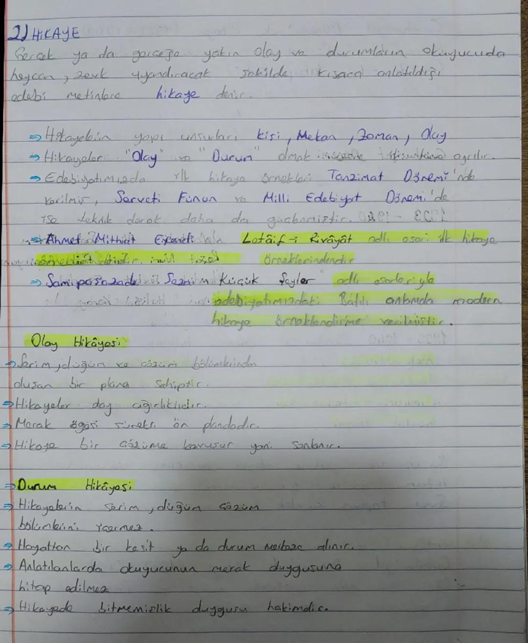 2) HIKAYE
Gercek ya da gerçeğe yakın olay ve durumların okuyucuda
heyecan, zevk uyandıracak şekilde kısa anlatıldığı
adabi metinlere hikaye
