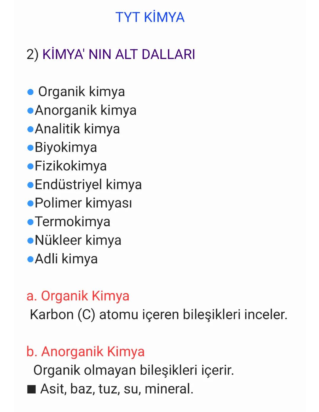 Kimya' nın Alt Dalları