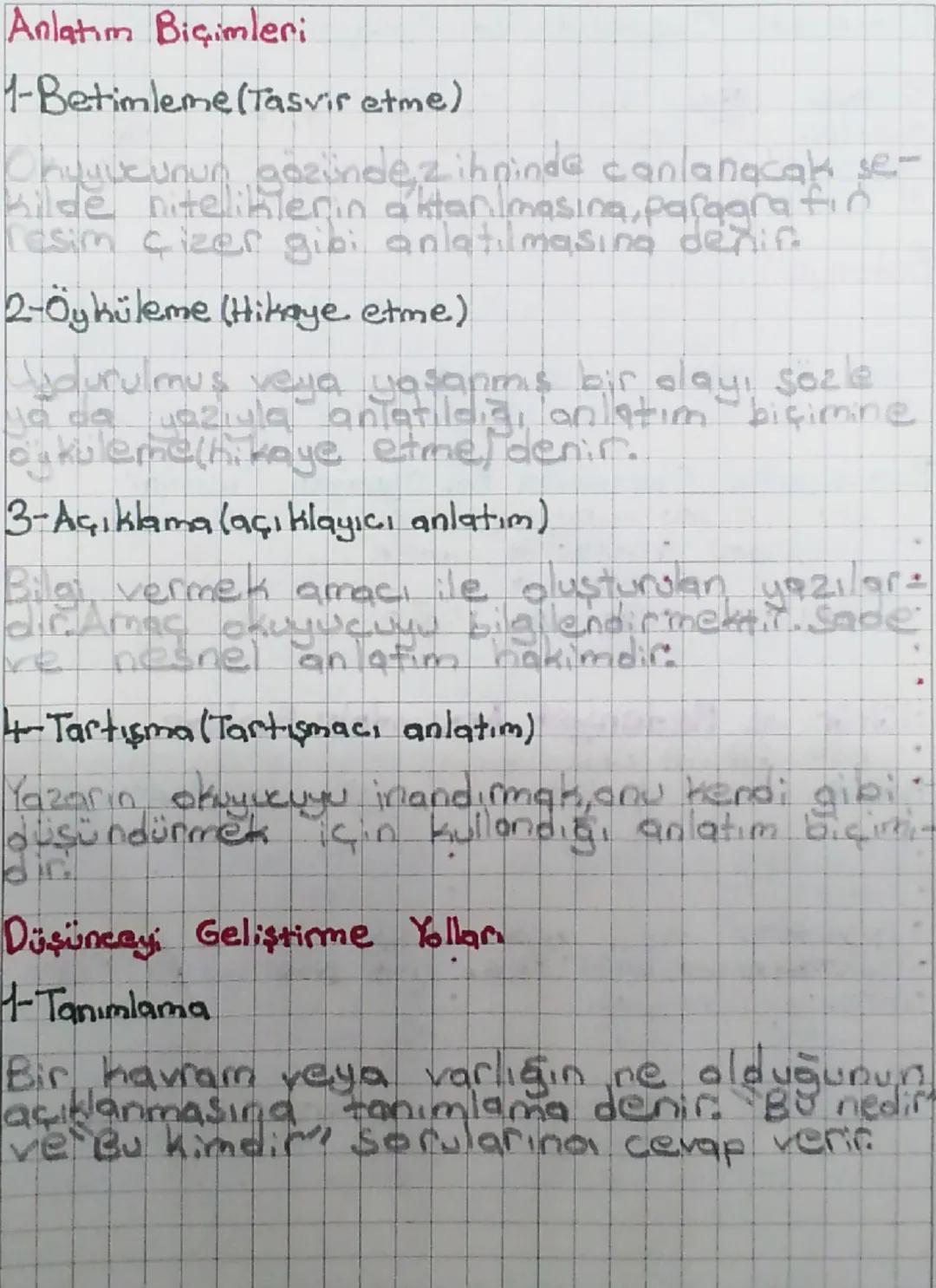 ## Anlatım Biçimleri
1-Betimleme (Tasvir etme)
Okurucunun gözünde, zihninde canlanacak şekilde niteliklerin aktarılmasına, paragrafın resi