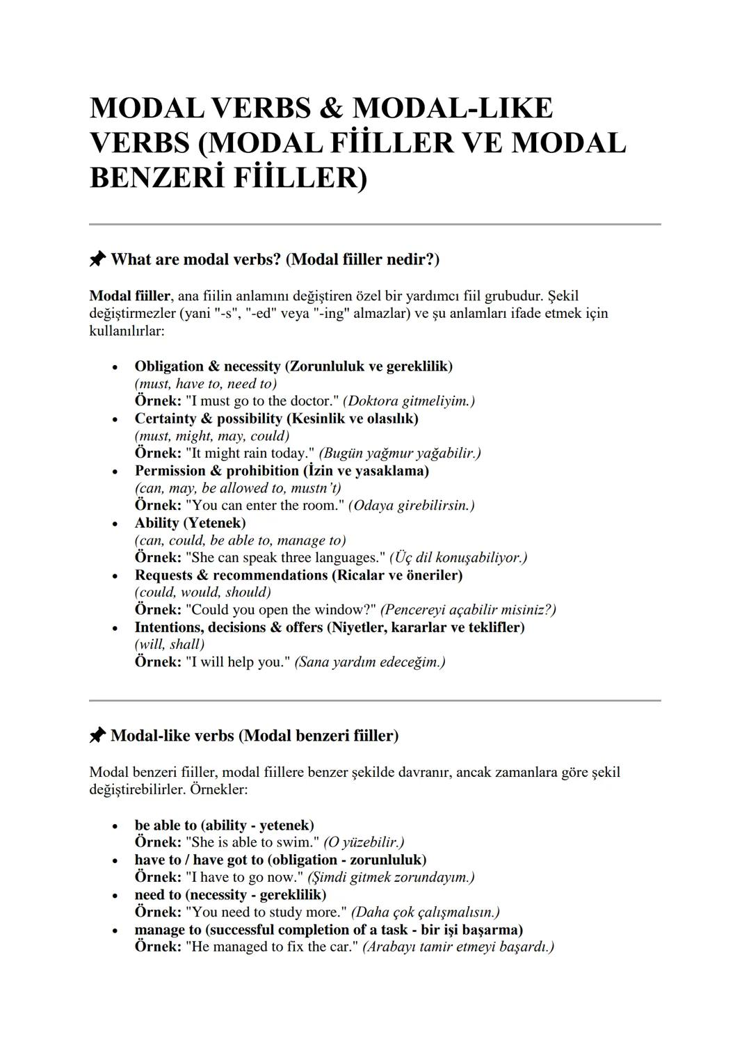 MODAL VERBS & MODAL-LIKE
VERBS (MODAL FİİLLER VE MODAL
BENZERİ FİİLLER)
What are modal verbs? (Modal fiiller nedir?)
Modal fiiller, ana fii