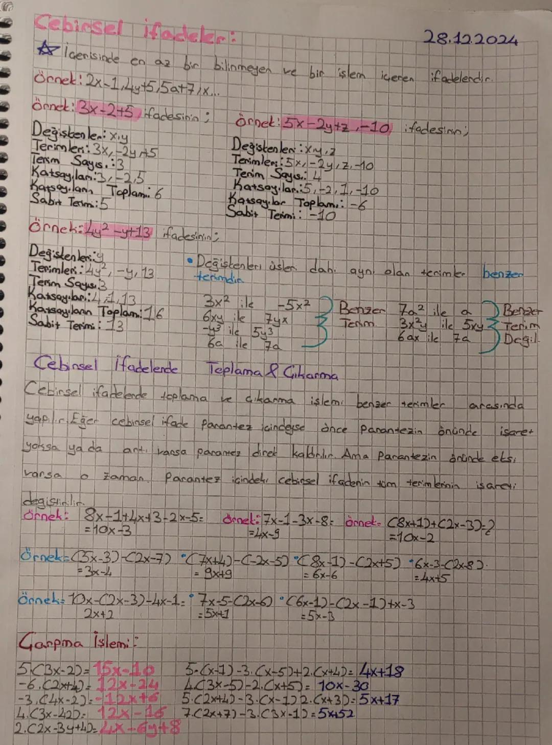 28.12.2024
Cebiesel Hadek.
Igerisinde en az bir bilinmeyen ve bir işlem içeren ifadelerdir.
Örnek: 2x-14y+5,5a+71x...
Örnek: 3x-2+5, ifadesi