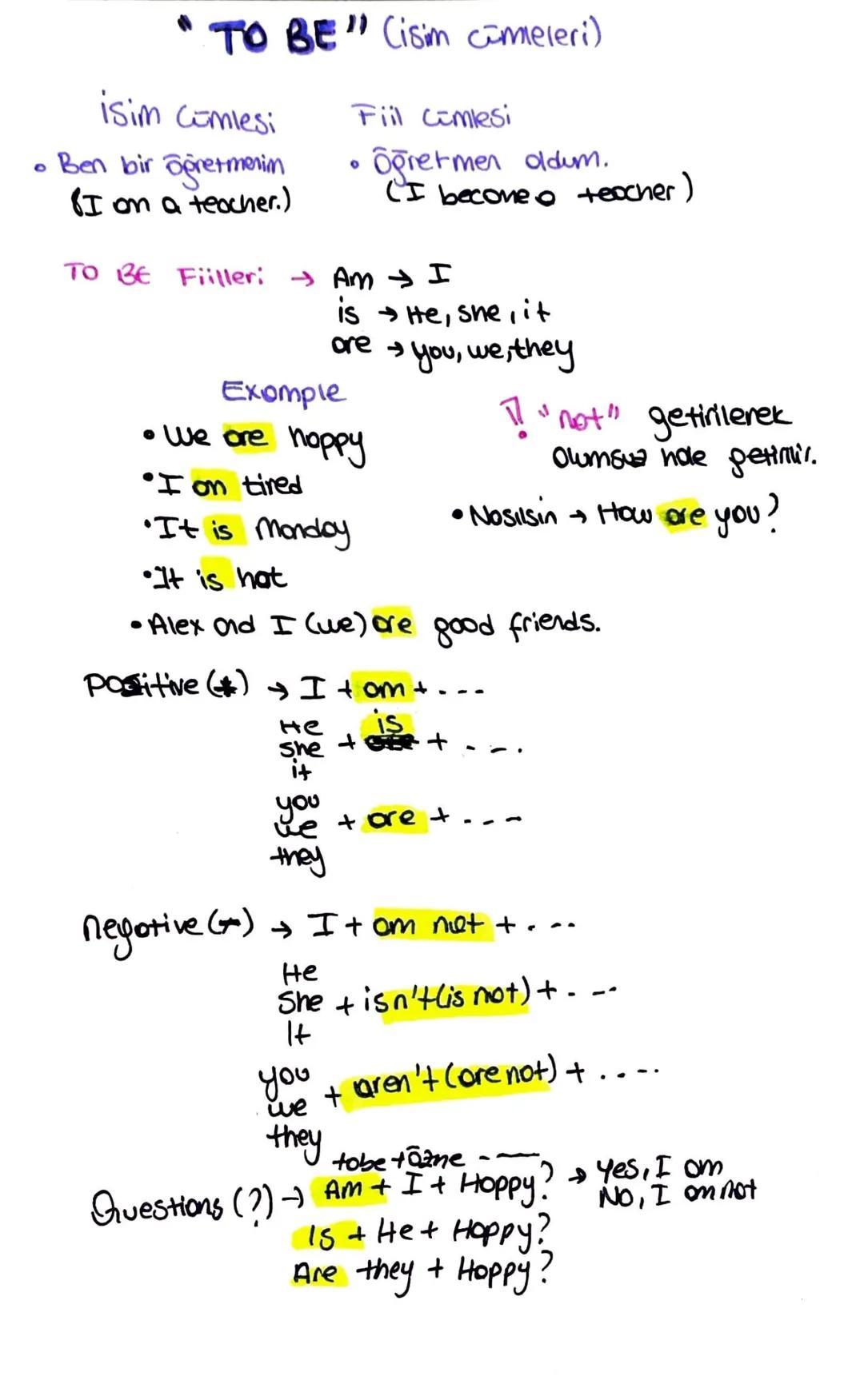 TO BE" Cisim cimeleri)
isim comlesi
• Ben bir öğretmenim
(I on a teacher.)
Fiil Comlesi
о
TO BE Fiiller: Am
is
Öğretmen oldum.
(I become tea