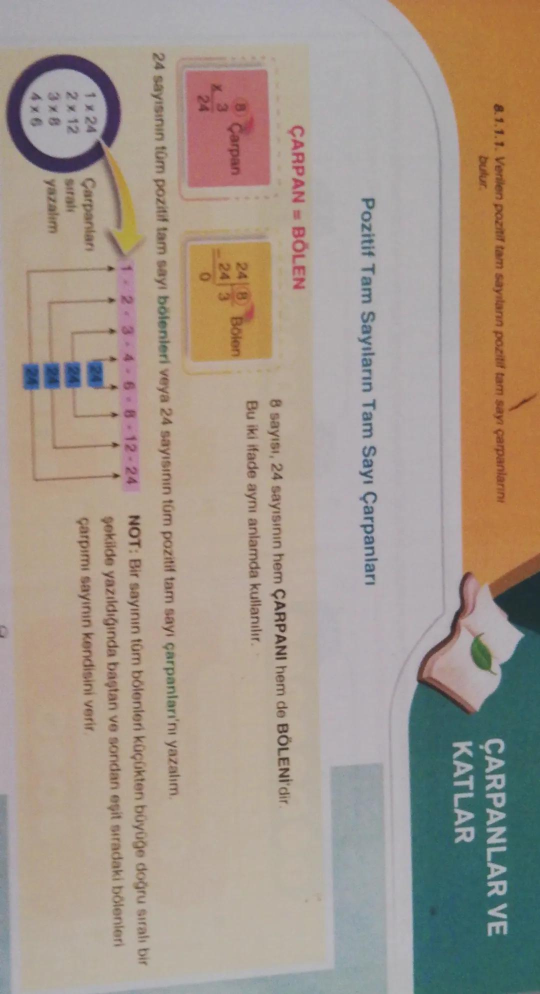 8.1.1.1. Verilen pozitif tam sayılanın pozitif tam sayı çarpanlarını
bulur.
Pozitif Tam Sayıların Tam Sayı Çarpanları
ÇARPAN = BÖLEN
8 sayıs