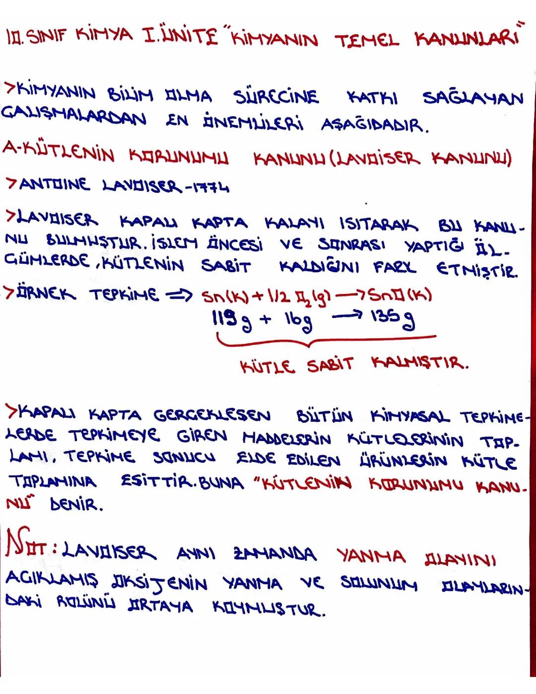 10.Sınıf Kimya 1.Ünite "Kimyanın Temel Kanunları" Ders Notu