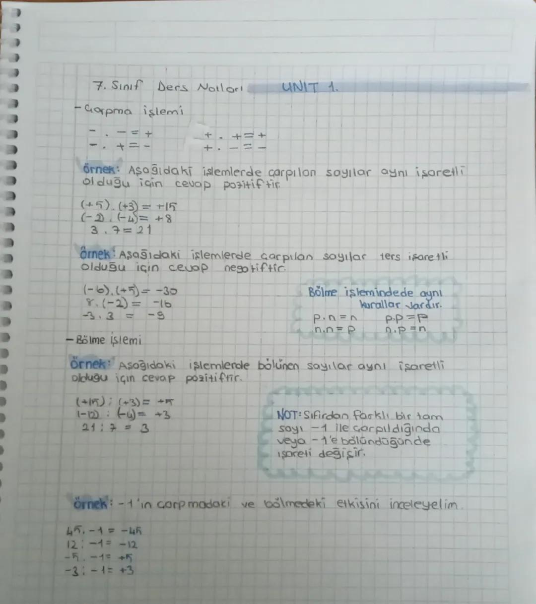 7. Sınıf Ders Notları UNIT 1.
-Garpma işlemi
--+ +. +=+
+-- +.-=-
Örnek: Aşağıdaki işlemlerde çarpılan sayılar aynı işaretli
olduğu için