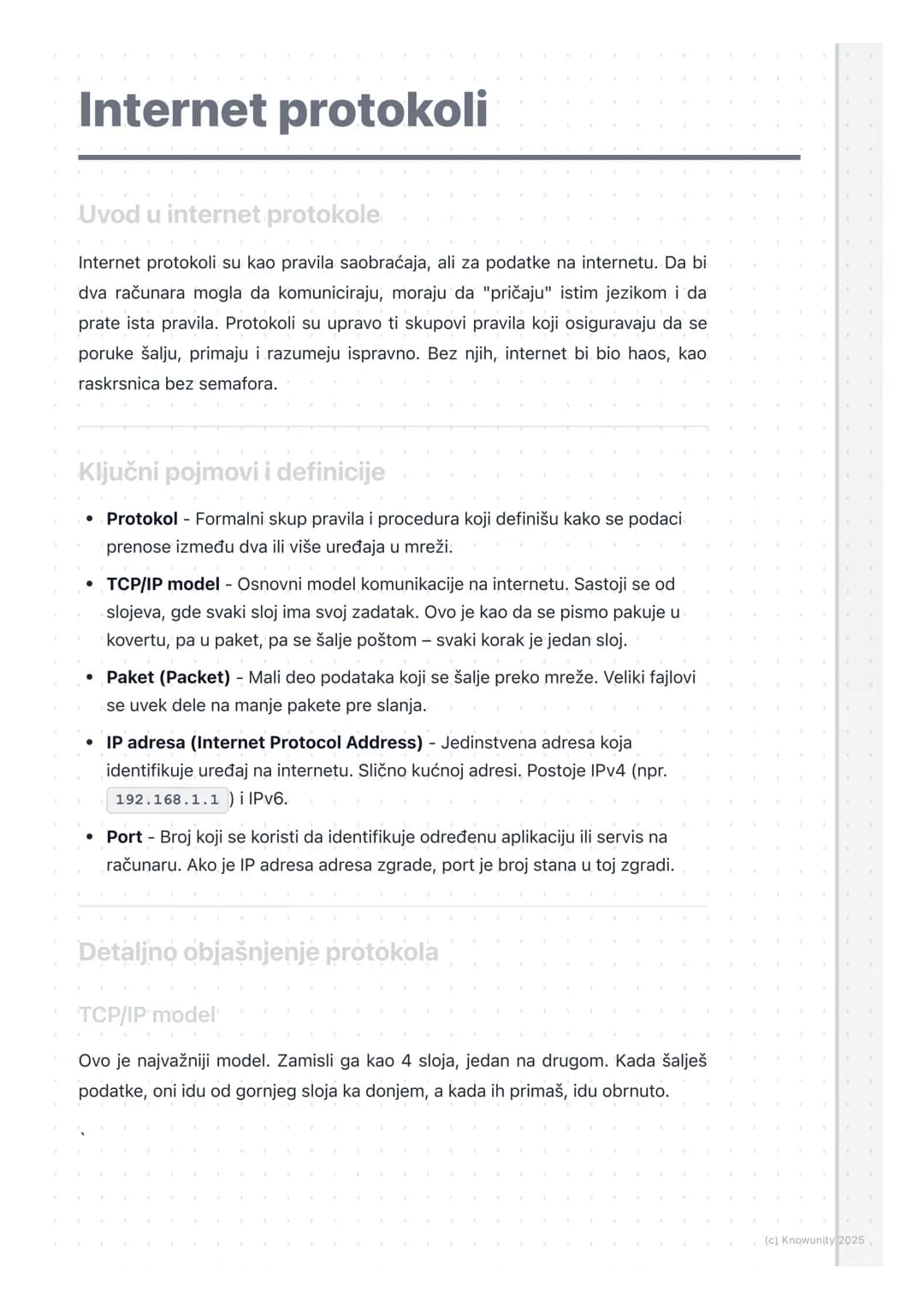 # Internet protokoli
Uvod u internet protokole
Internet protokoli su kao pravila saobraćaja, ali za podatke na internetu. Da bi
dva računa