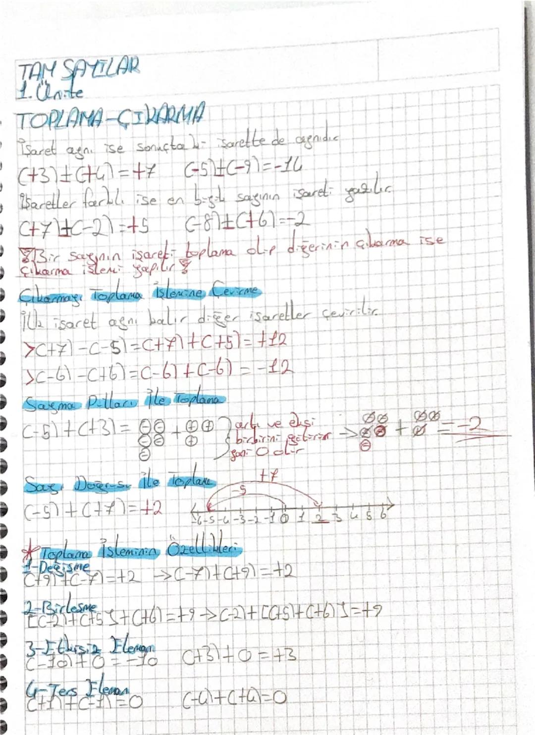 # TAM SAYILAR
1. Unite
- TOPLAMA-ÇIKARMA
• İşaret agnı ise sonuçta bu işarette de cagnidic
=(+3)=C+4) = += (-5)+(-9)=-10
■ işaretler farklı