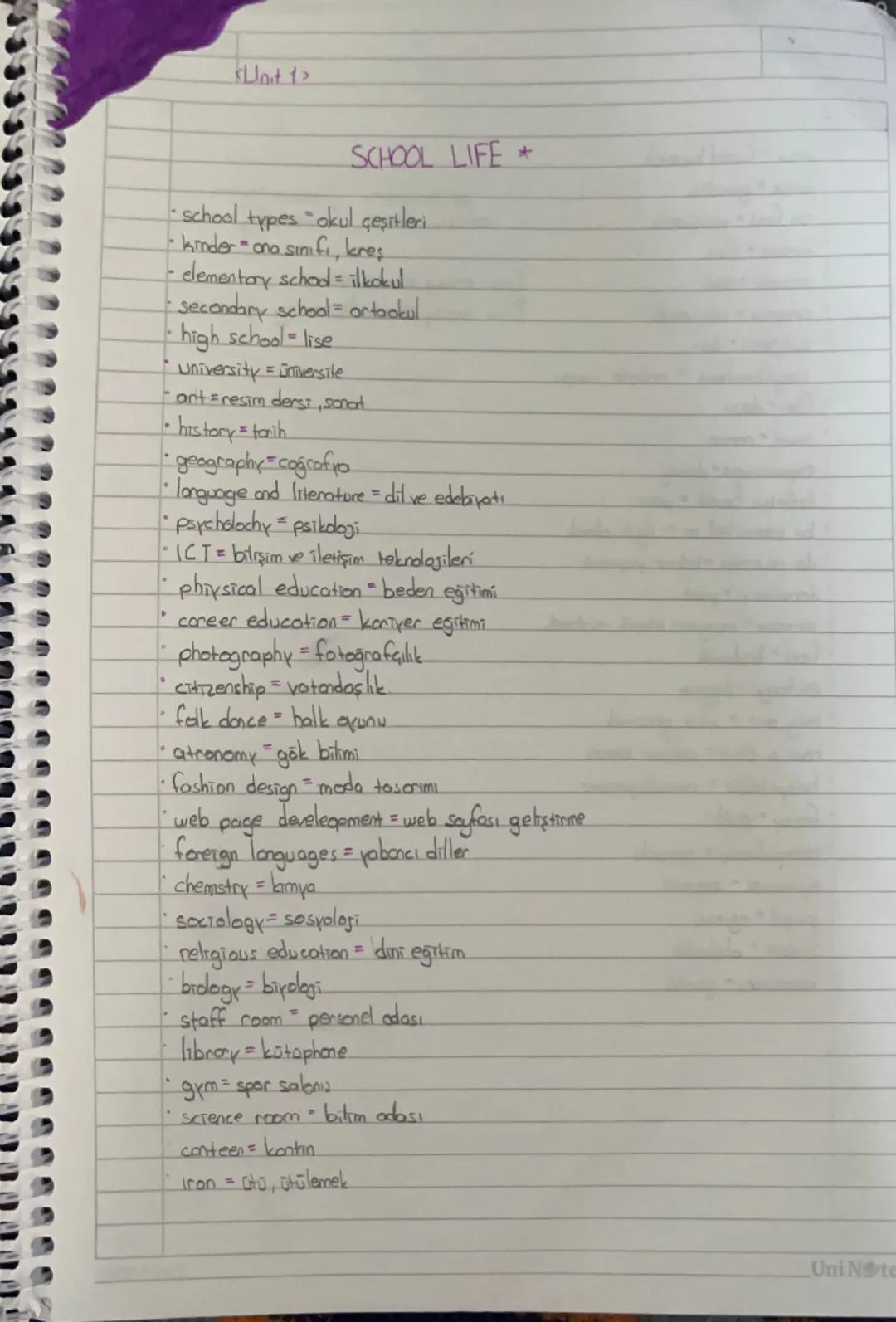 Unit 1>
SCHOOL LIFE *
•school types "okul çeşitleri
-
kinder ana
o sinifi, kres
elementary school = ilkokul
secondary school = ortaokul
high