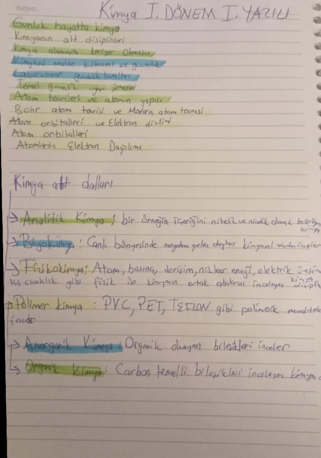 Subject:
Kimya I. DONEM I. YAZILI
Gunluk hayatta kimya.
Kimyanın alt disiplinleri
Kimya alanında kariyer Obrakhay
Mimyasal madde kullanımı v