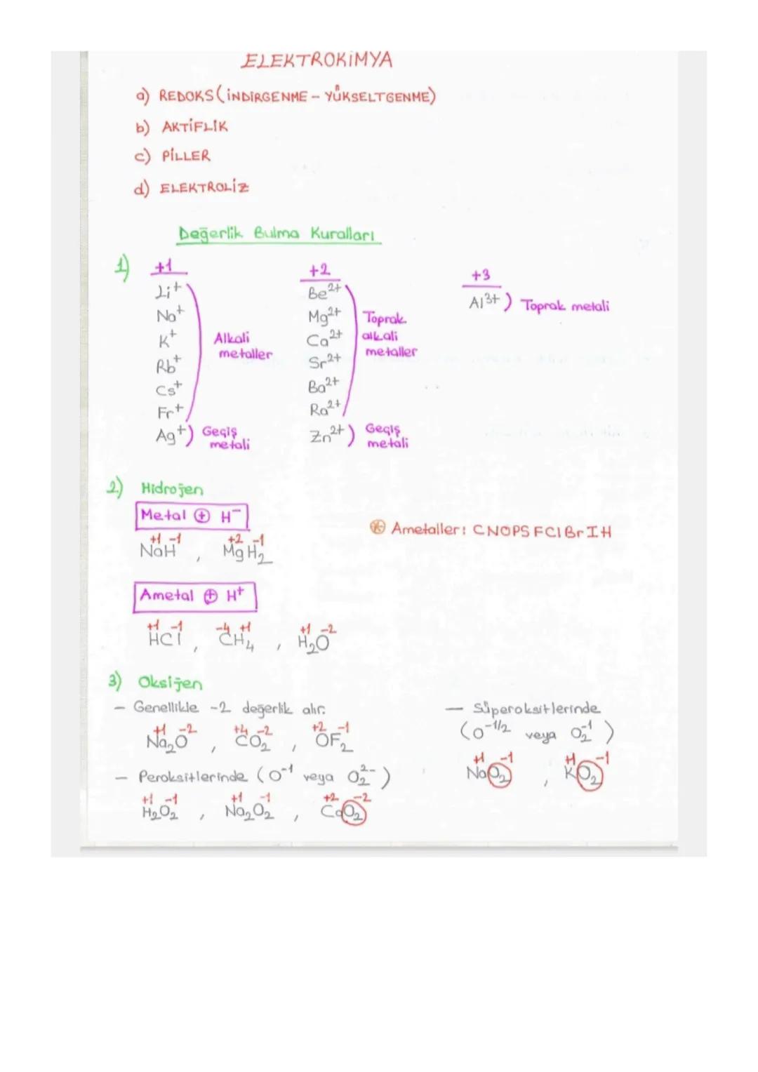 ELEKTROKIMYA
a) REDOKS (INDIRGENME - YÜKSELTGENME)
b) AKTİFLİK
c) PILLER
d) ELEKTROLIZ
Değerlik Bulma Kuralları
1 +1
+2
Lit
Be2+
+3
No+
K+
A