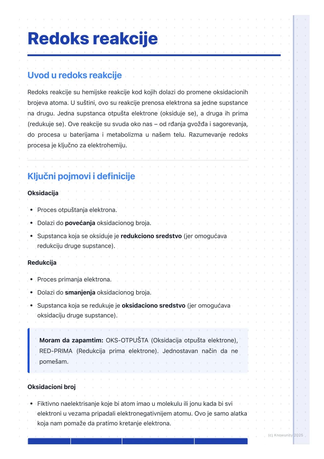 # Redoks reakcije
Uvod u redoks reakcije
Redoks reakcije su hemijske reakcije kod kojih dolazi do promene oksidacionih
brojeva atoma. U su
