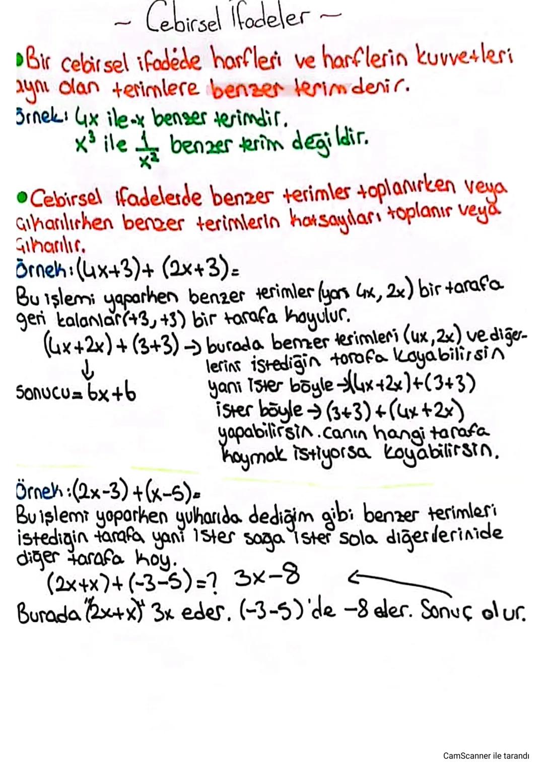 1
Cebirsel ifadeler
~
Bir cebirsel ifadede harfleri ve harflerin kuvvetleri
aynı olan terimlere benzer terim denir.
Örnek: 4x ile-x benser t