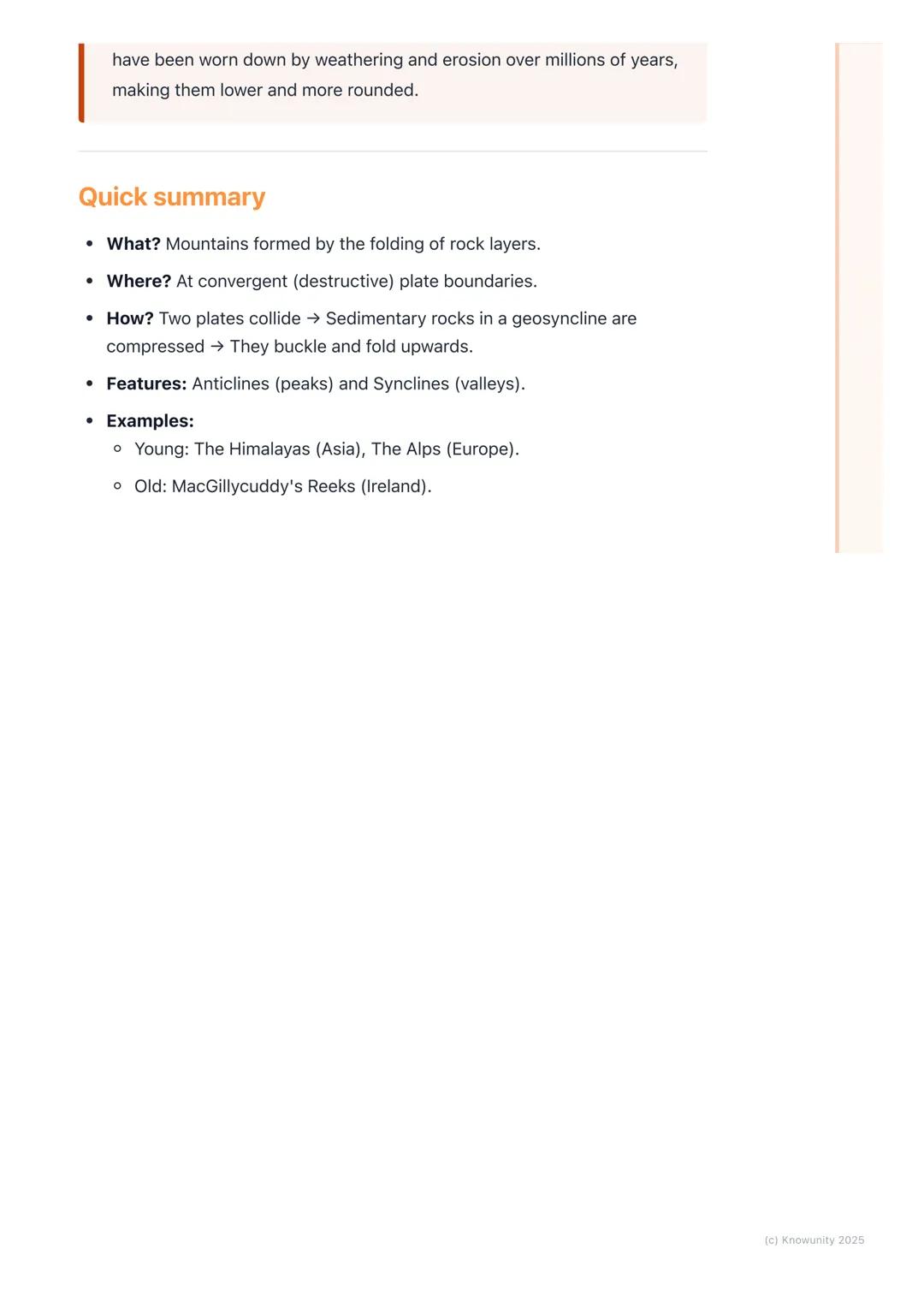 # Fold Mountains
What are fold mountains?
Fold mountains are the most common type of mountain on Earth. They are
created when two of the E