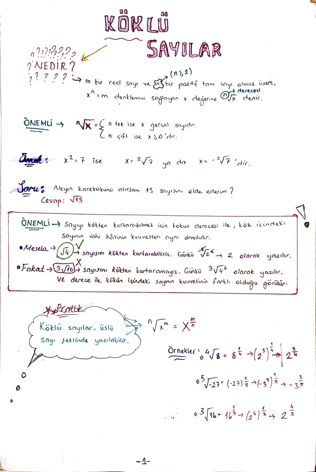 0
n
7NEDİR?
? ? ? ? ?
00
KÖKLÜ
SAYILAR
m bir reel
Sayı
ve
n
x =
(n), 2)
5 bir pozitif tam
' = m denklemini sağlayan x değerine
√√√x = {n tek
