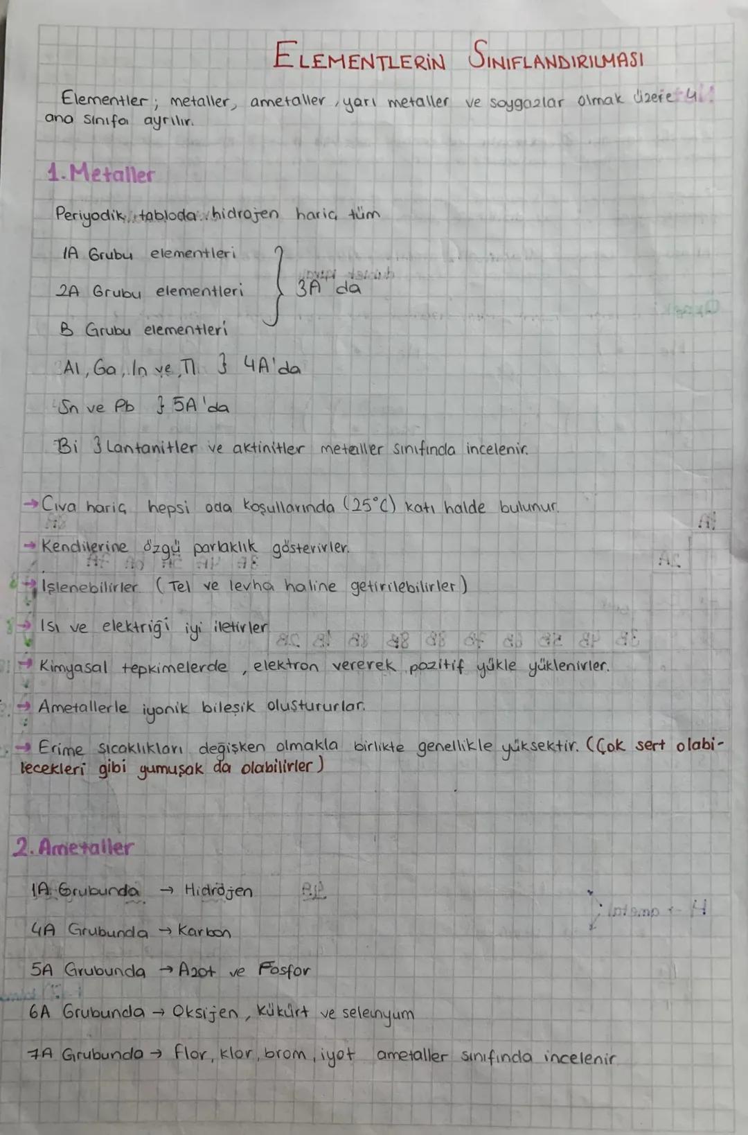 ELEMENTLERİN SINIFLANDIRILMASI
Elementler; metaller, ametaller, yarı metaller ve soygazlar olmak üzere 41
ana sinifa ayrılır.
1. Metaller
Pe