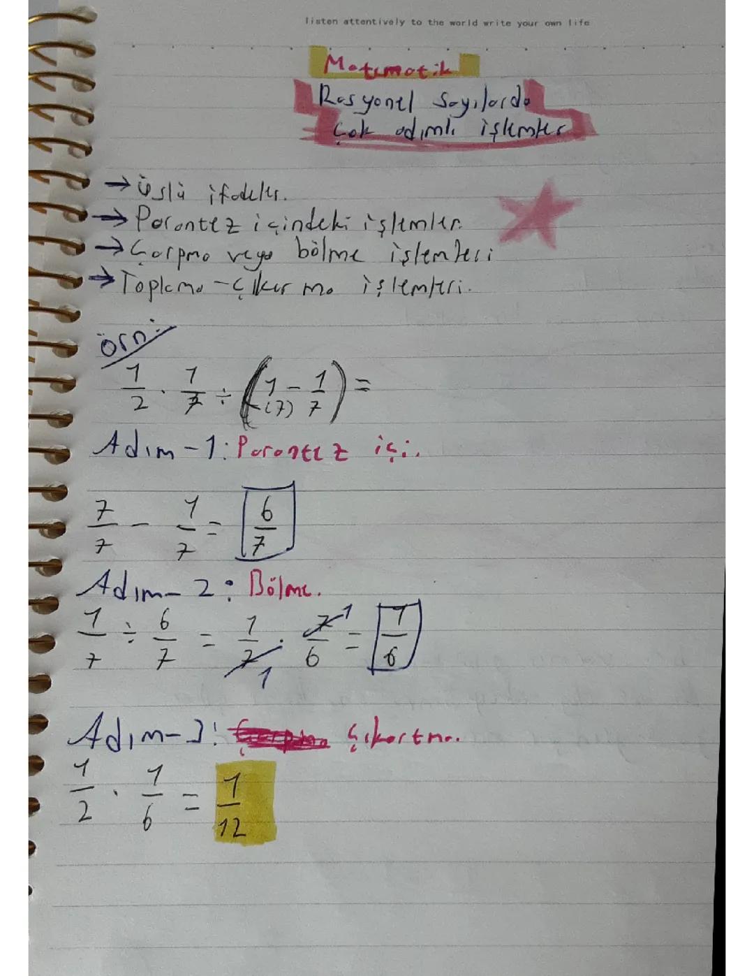 7. Sınıf Matematik: Rasyonel Sayılarda Çok Adımlı İşlemler Ders Notları