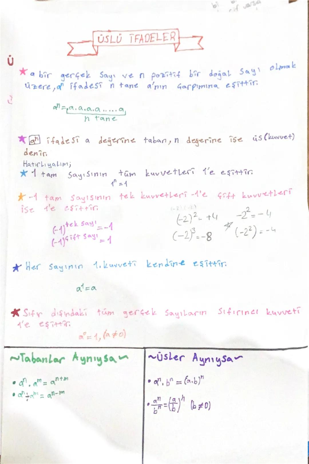 ύ
nif varsa
# ÜSLÜ TFADELER
2
* a bir gerçek Sayı ve n pozitif bir doğal Sayı olmak
üzere, $a^n$ ifadesi n tane a'nın çarpımına eşittir.