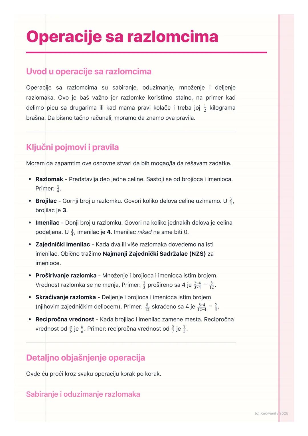 # Operacije sa razlomcima
Uvod u operacije sa razlomcima
Operacije sa razlomcima su sabiranje, oduzimanje, množenje i deljenje
razlomaka.