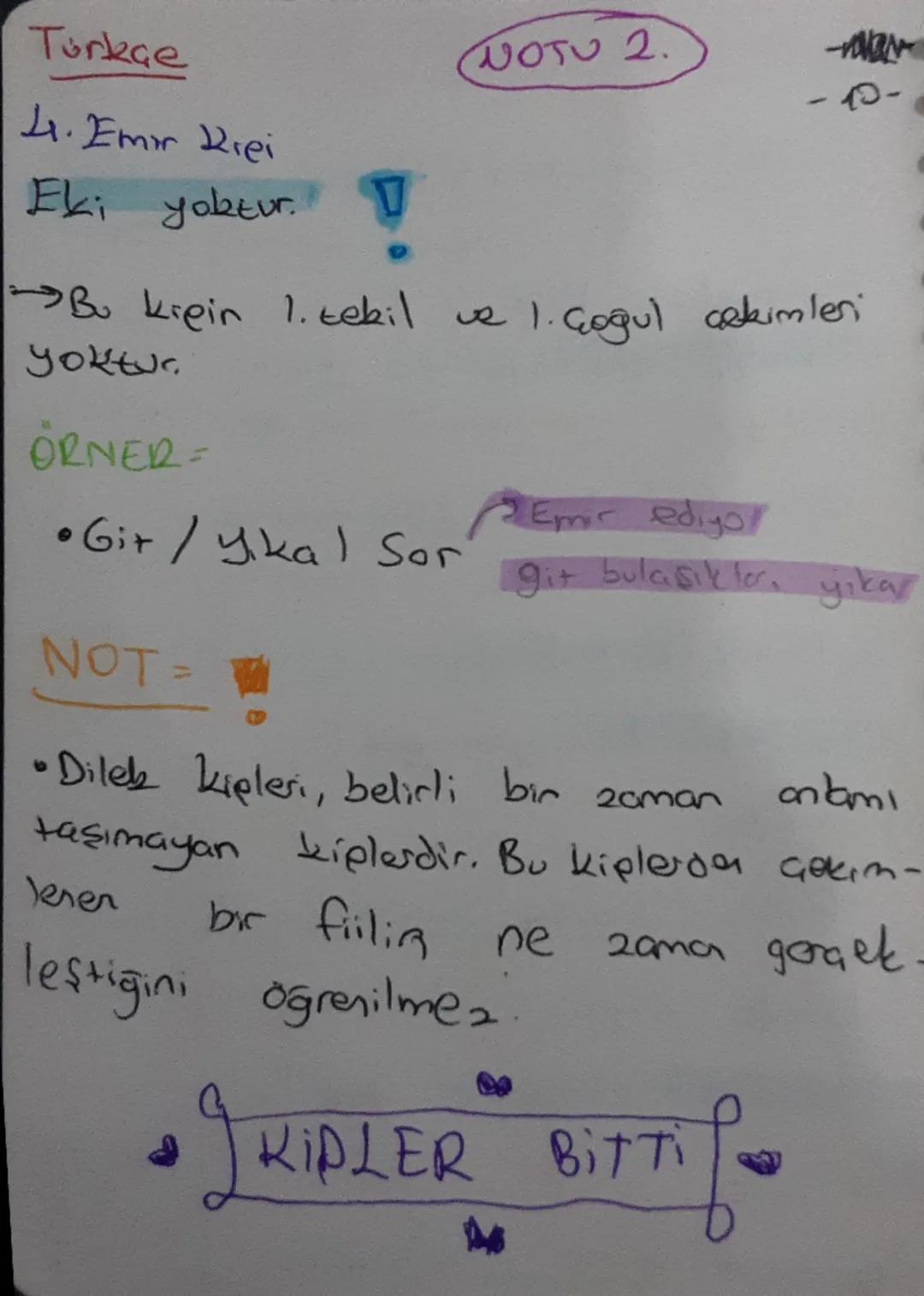 Türkçe
4. Emir Krei
Eki yoktur.
Bu kipin 1. tekil ve 1. çoğul cekimleri
yoktur.
ÖRNER=
•Git/ykal Sor
NOT=
• Dilek Kipleri, belirli bi